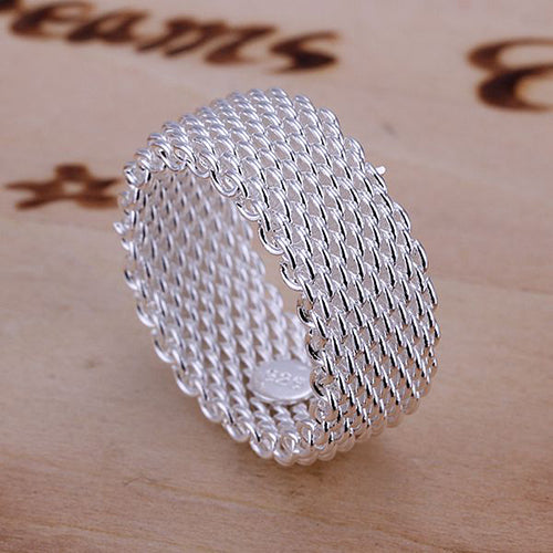 Women Wide Net Woven Mesh Style Finger Ring Silver Plated Jewelry Charms Gift