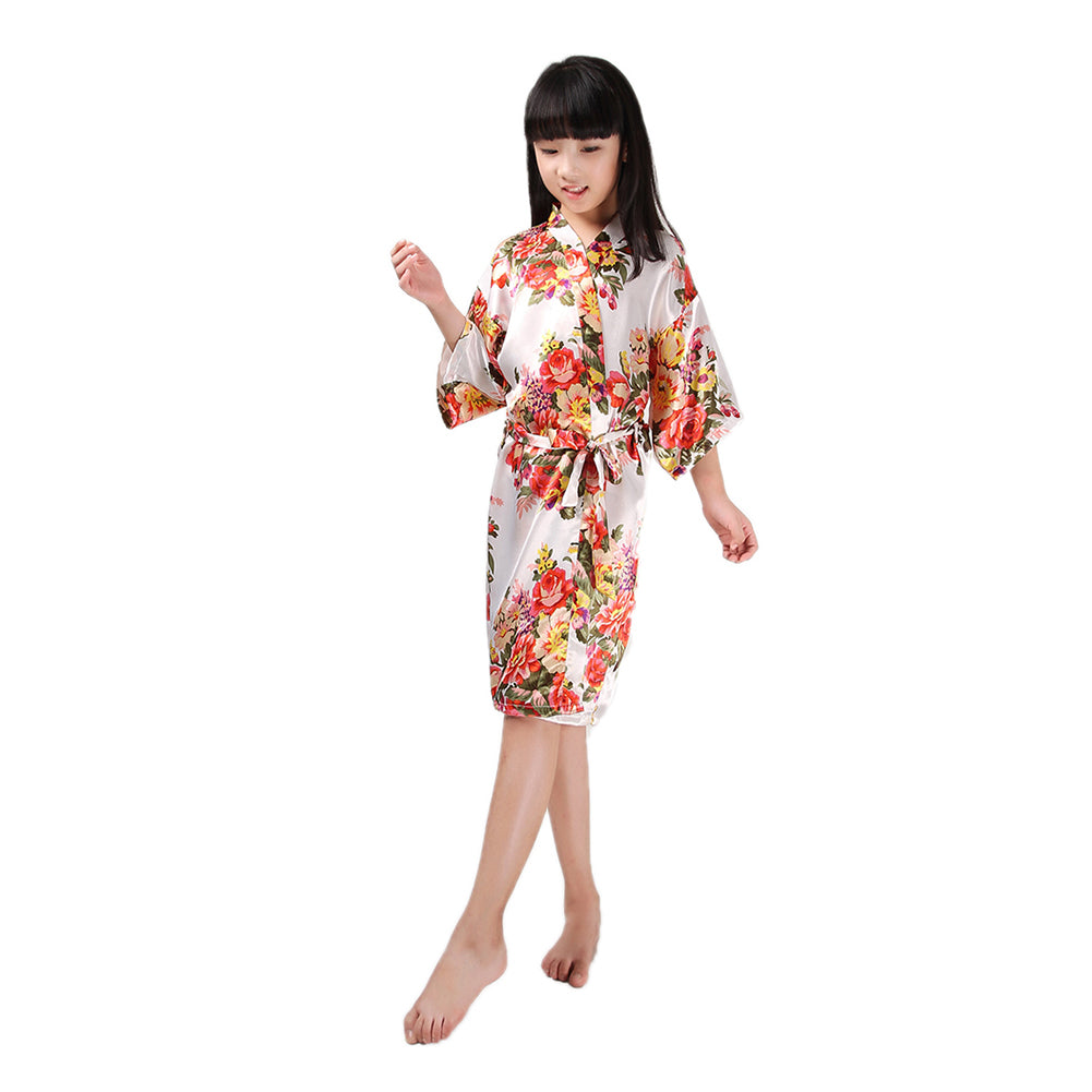 Floral Printed Kids Girls Sweet Kimono Dressing Gown Bath Robe Sleepwear Pajamas