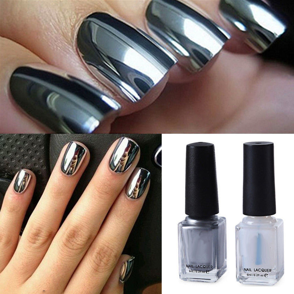 2Pcs Silver Metal Mirror Effect Metallic Nail Art Polish Varnish  and  Base Coat Nail DIY