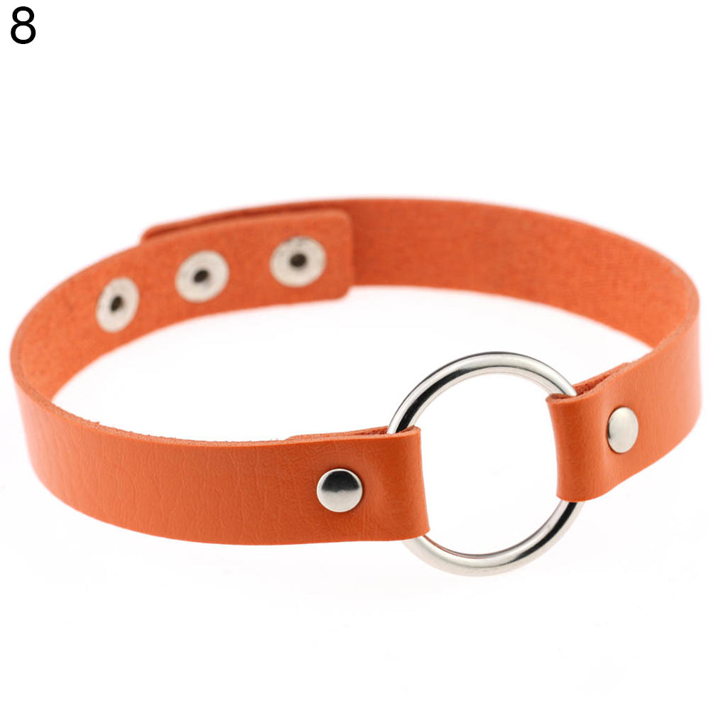 Women Fashion Punk Choker O-Ring Faux Leather Rivets Collar Short Necklace