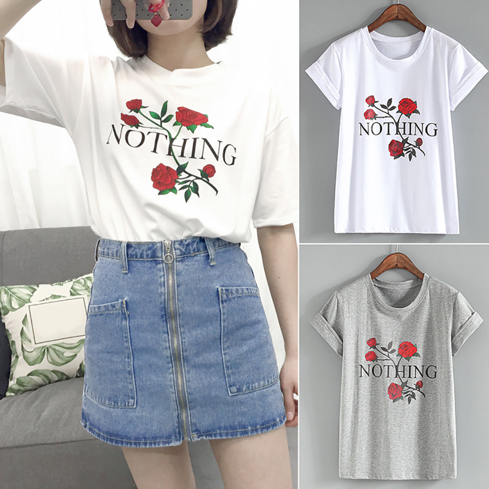 Nothing Letter Print Rose Flower Short Sleeve T-shirt Summer Women's Tee Top