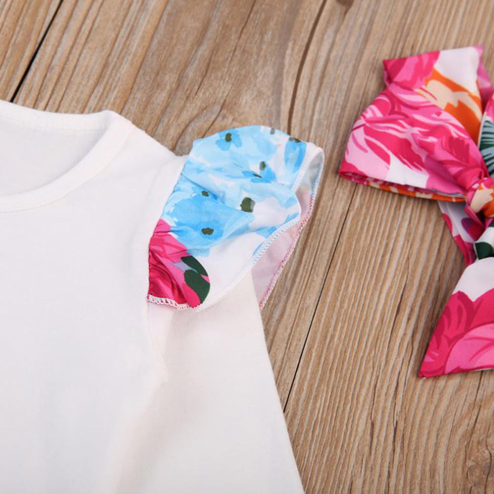 Newborn Baby Girl 3 Pcs Outfit Flower T-shirt Floral Pants Bowknot Hairband Set