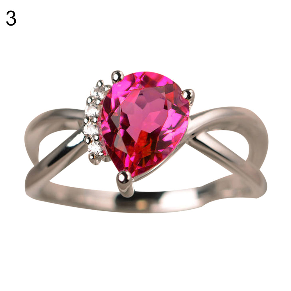 Fashion Women Drop Pear Faux Gem Rhinestone Inlaid Slim Band Party Ring Jewelry