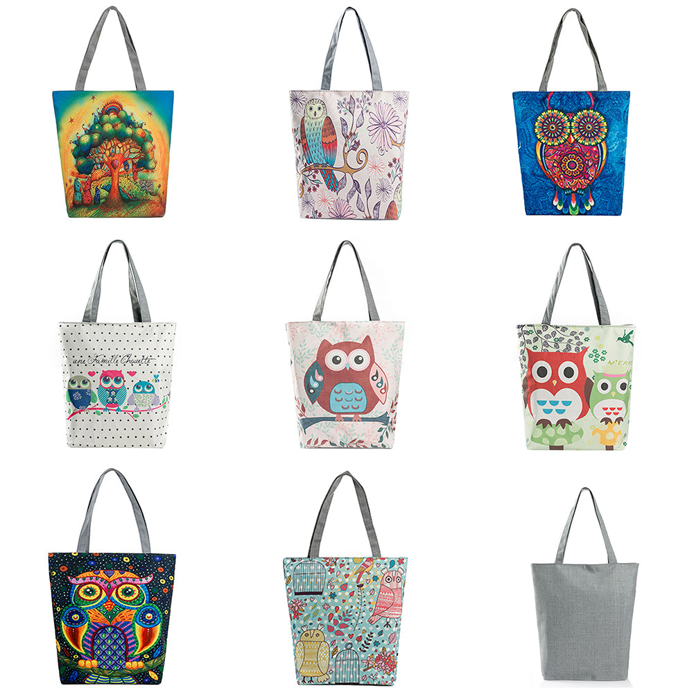 Cute Owl Floral Printed Canvas Tote Bag Women Casual Large Capacity Handbags