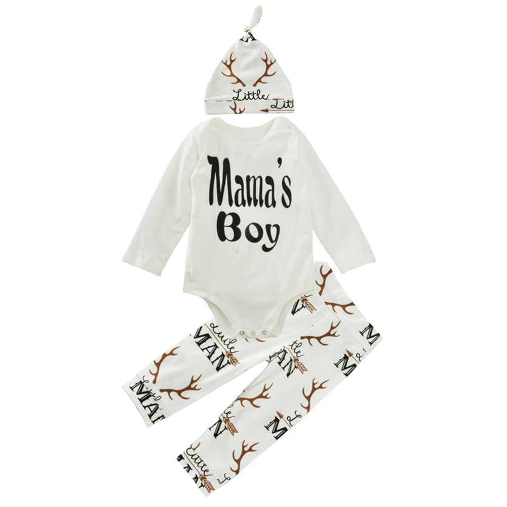 Newborn Baby Clothes Set Mama Boy Letter Print Romper+Antlers Pattern Pants Hat