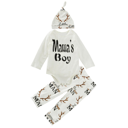 Newborn Baby Clothes Set Mama Boy Letter Print Romper+Antlers Pattern Pants Hat