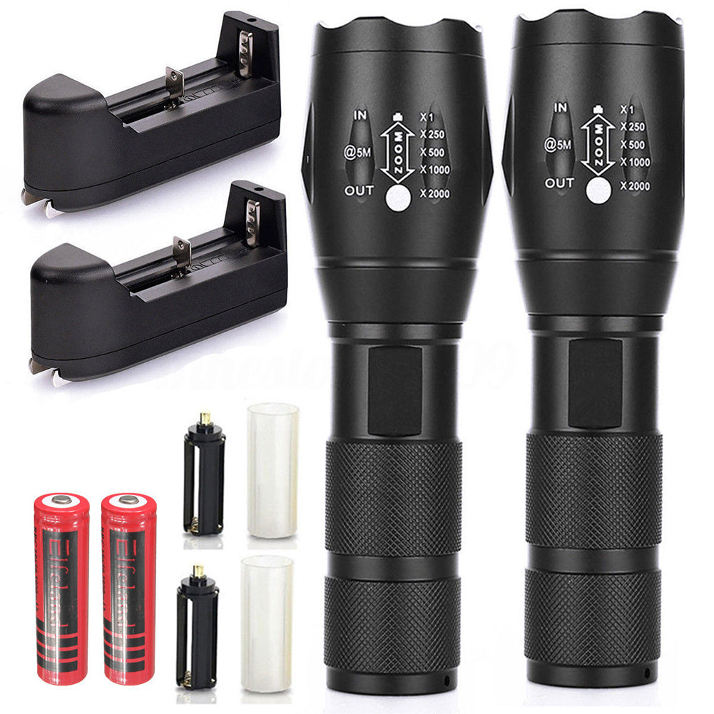 2Pcs 15000Lm Bright Outdoor Tactical T6 Zoomable Aluminum Alloy Flashlight Torch