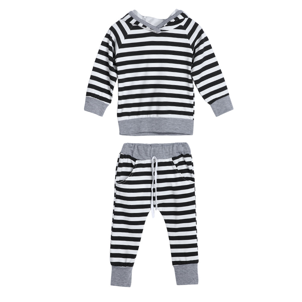 Newborn Baby Boys Girls Outfit Striped Hooded Top Long Sleeve T-Shirt + Pants