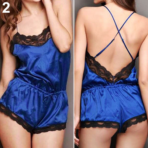 Women's Sexy Lace Backless Cross Strap Sleeveless Sleepwear Romper Jumpsuit