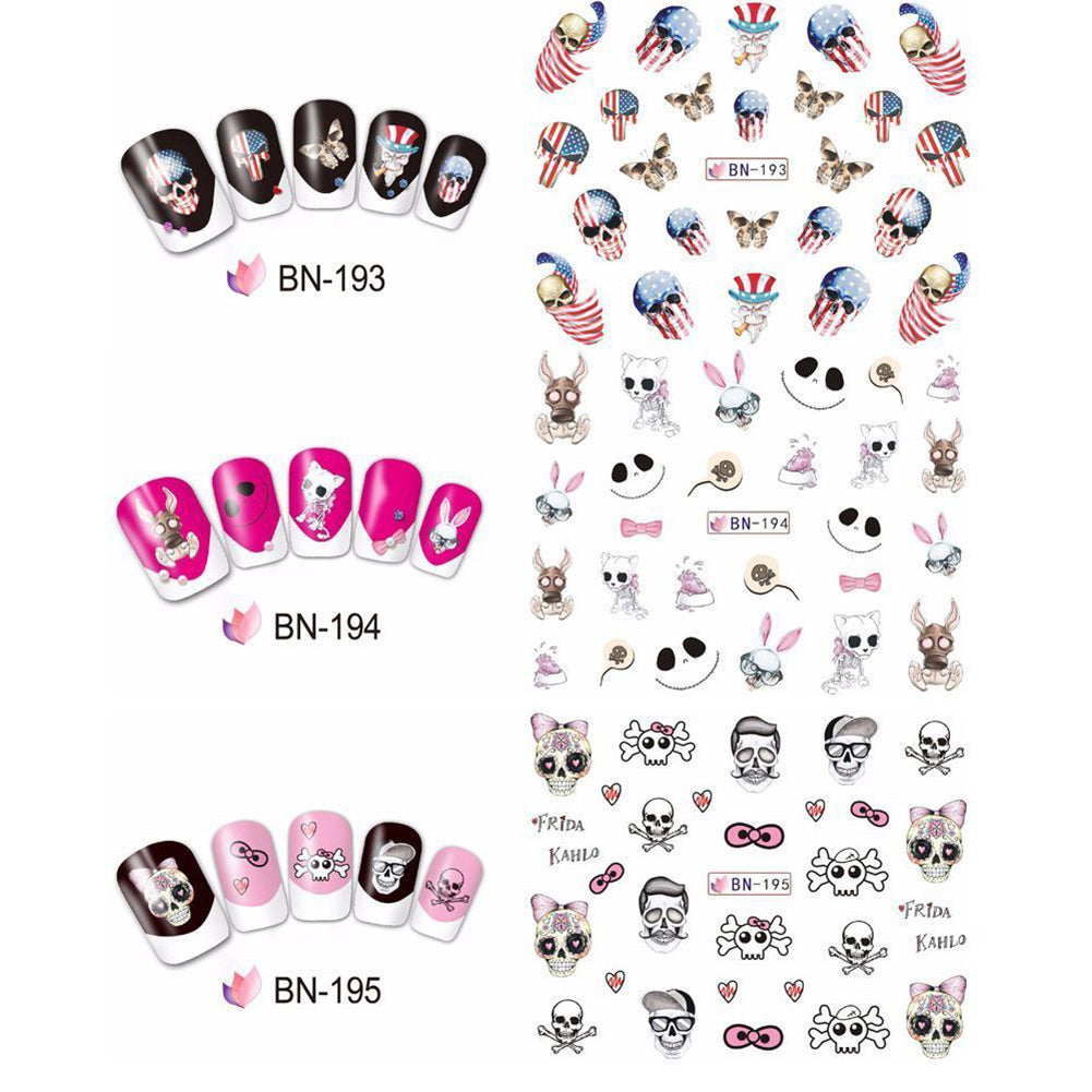 24Pcs Halloween Cartoon Skull Water Transfer Manicure DIY Tips Nail Art Stickers