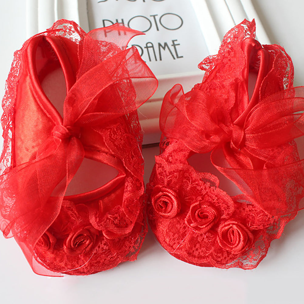 Cotton Princess Girl Shoes Anti-Slip Soft Sole Baby Toddler Lace Flower Footwear