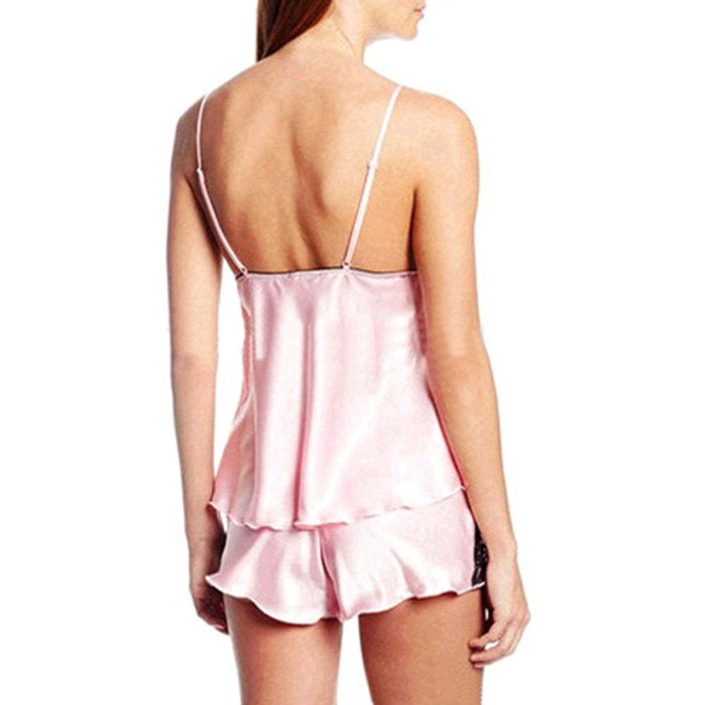 Sexy Two-piece Sleepwear Spaghetti Strap V-Neck Lace Stitching Top + Shorts