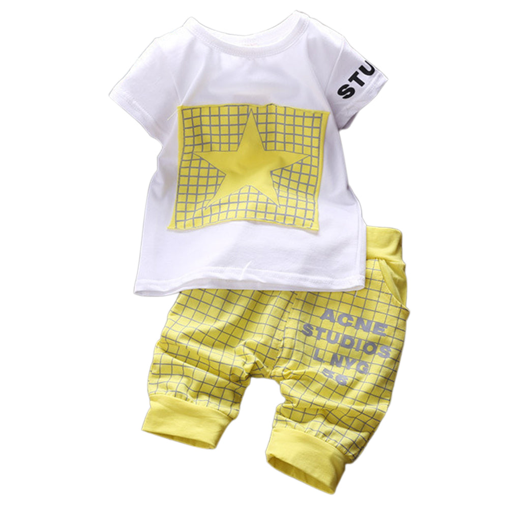 Baby Boy Clothes Set Summer Short Sleeve Star Plaid Print T-Shirt Pants Outfit