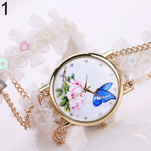 Lady Analog Golden Tone Case Flowers Butterfly Rhinestone Lace Alloy Chain Watch