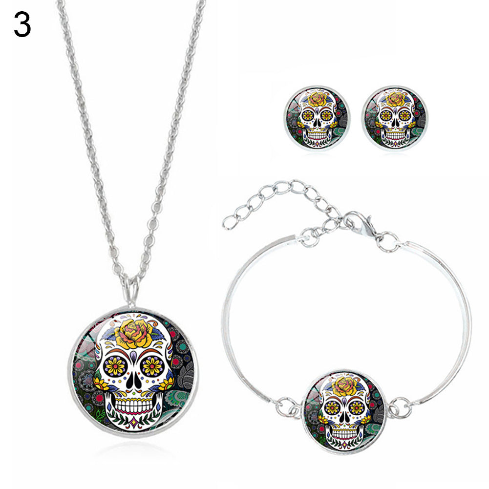 Fashion Women Skull Rose Earrings Necklace Bracelet Halloween Accessories Set