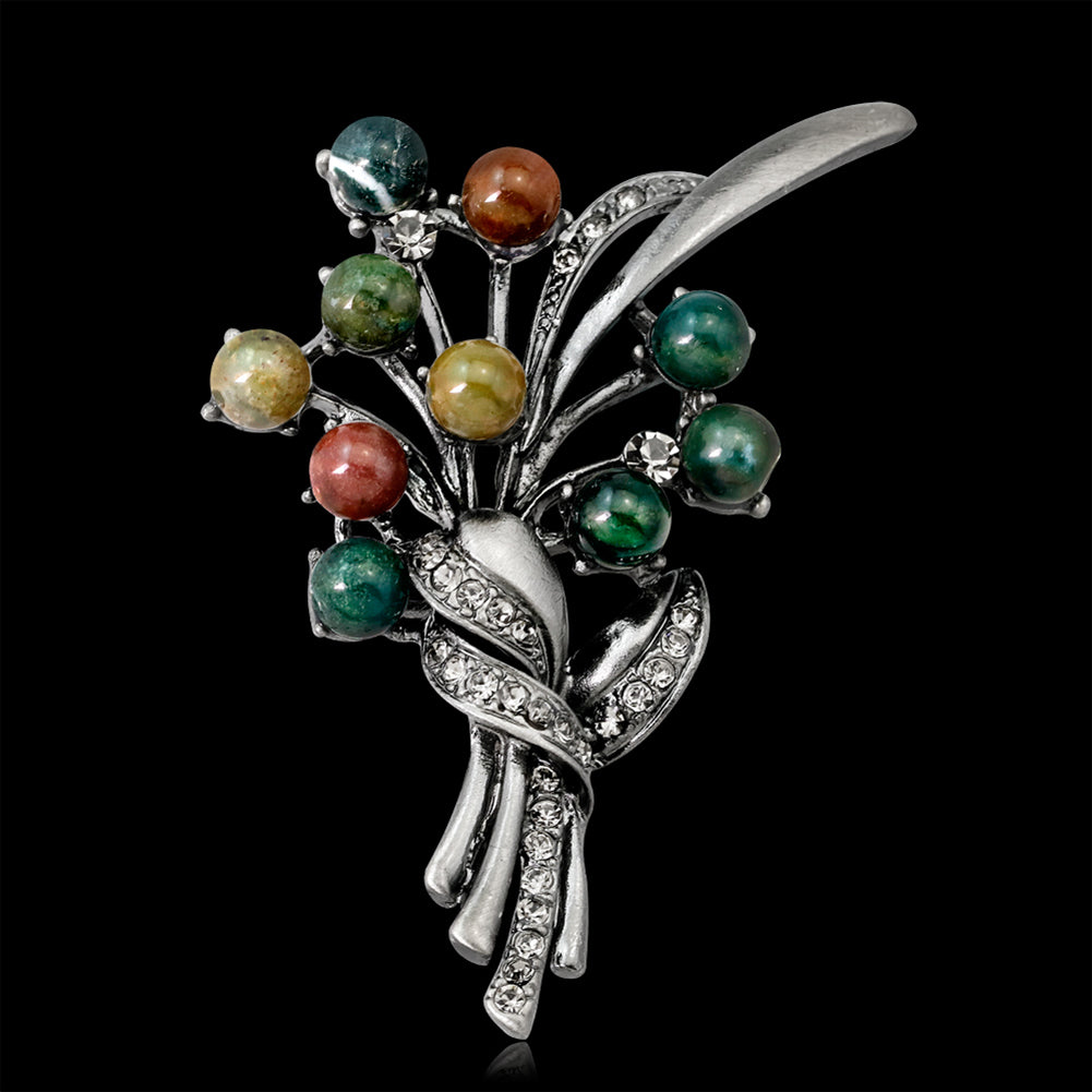 Round Stone Bead Shiny Rhinestone Flower Bouquet Style Women Brooch Pin Jewelry