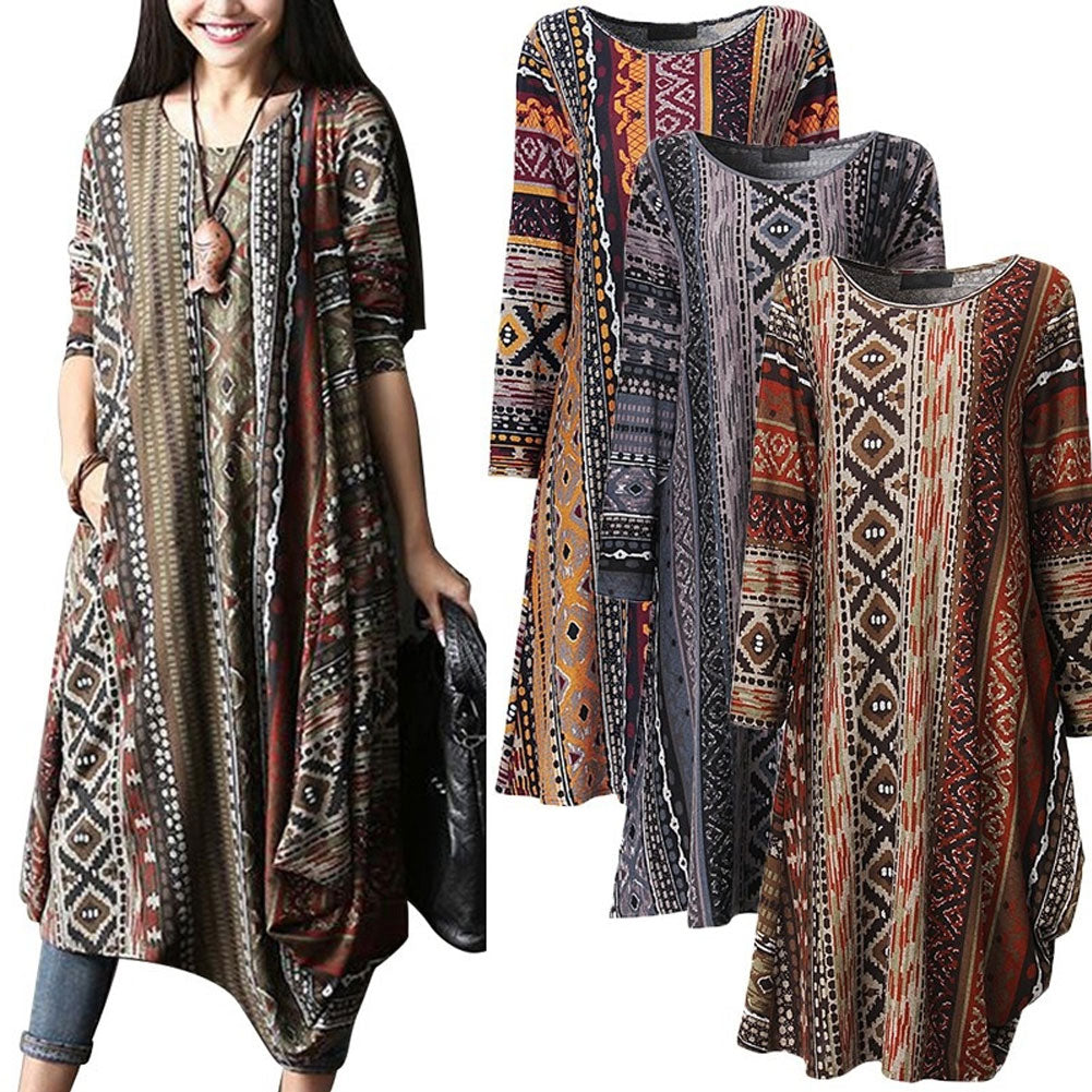 Retro Printed Round Neck Long Sleeve Irregular Women's Casual Loose Long Dress