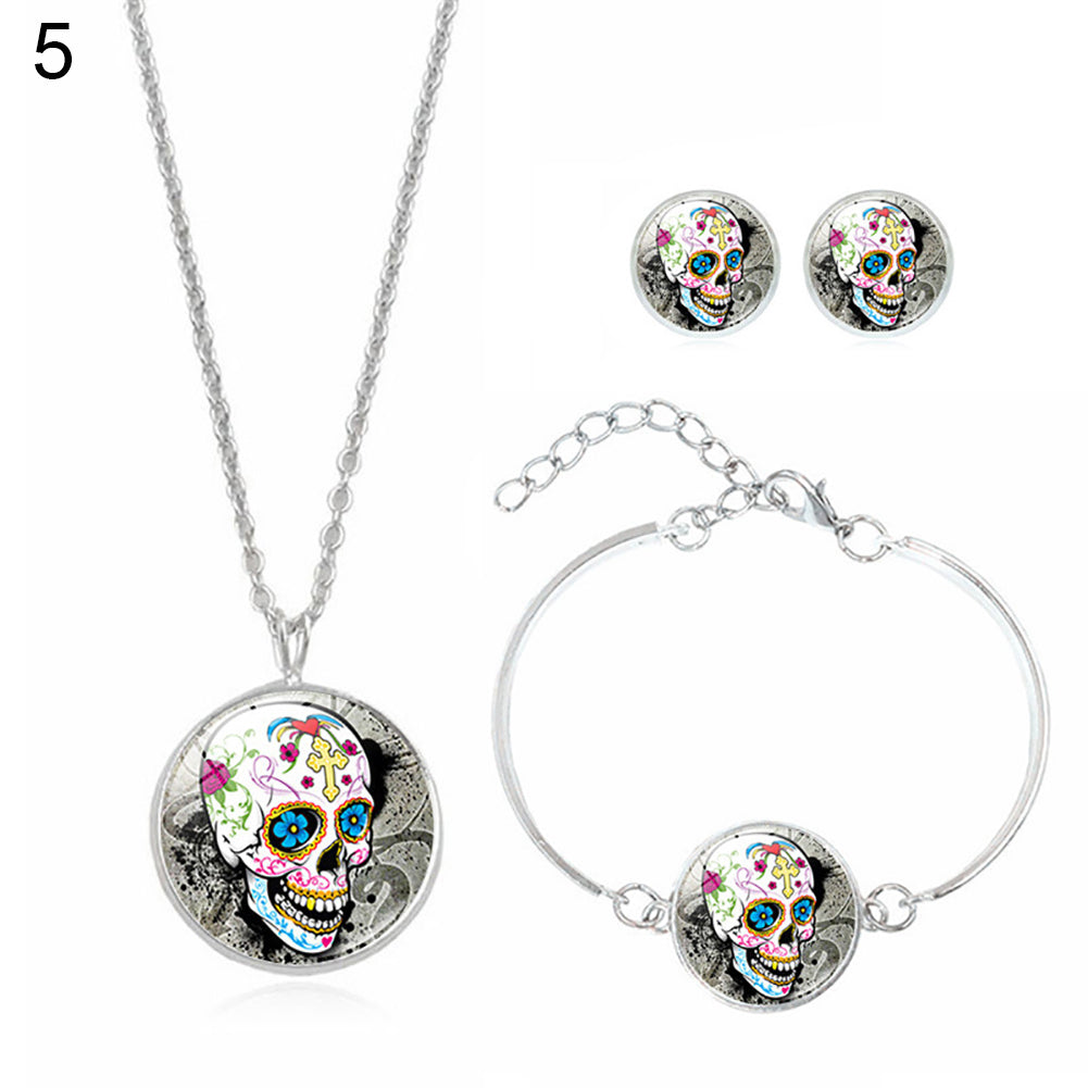 Fashion Women Skull Rose Earrings Necklace Bracelet Halloween Accessories Set