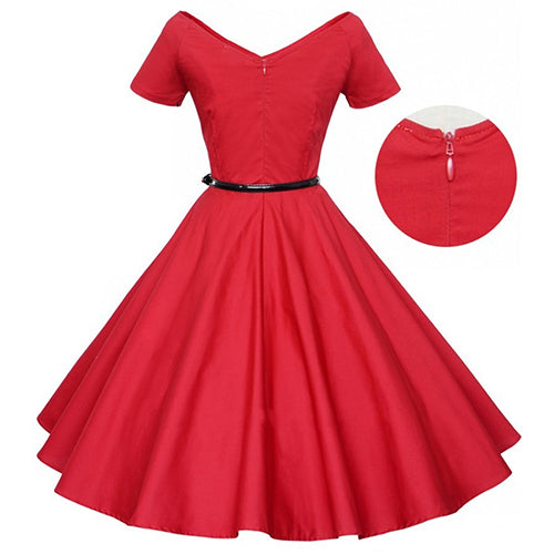 Women's Vintage Wide V-neck Long Swing Dress Short Sleeve Cocktail Party Dress