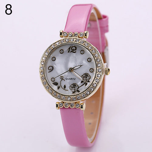 Women's Flower Rhinestone Watch Fine Faux Leather Strap Quartz Gift Wristwatch