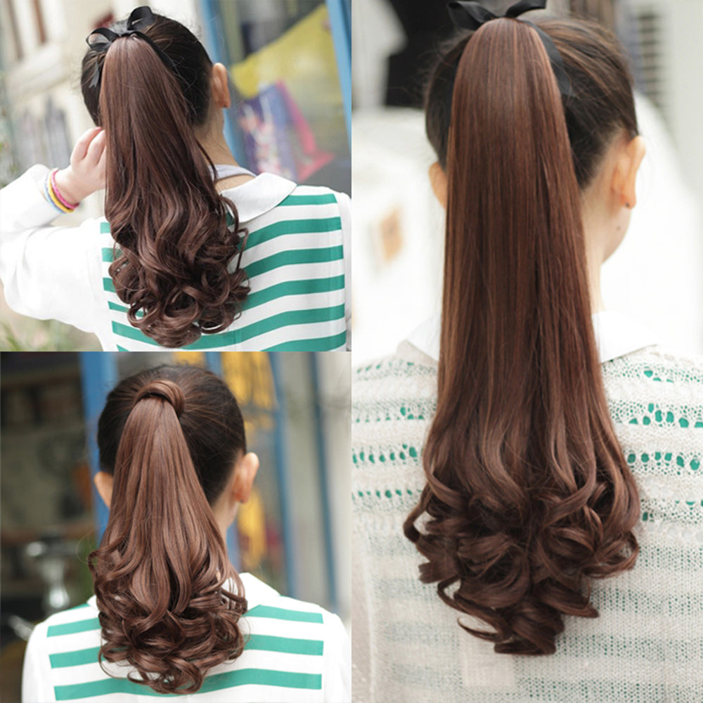 Long Straight Curly Ponytail Hair Extension Wrap Around Ribbon Clip-in Hairpiece