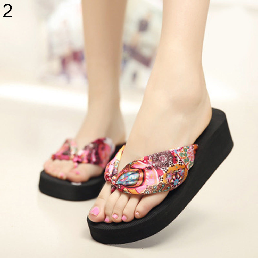 Women Summer Beach Soft Wedge Shoes Bohemia Flip Flops Flat Platform Slippers