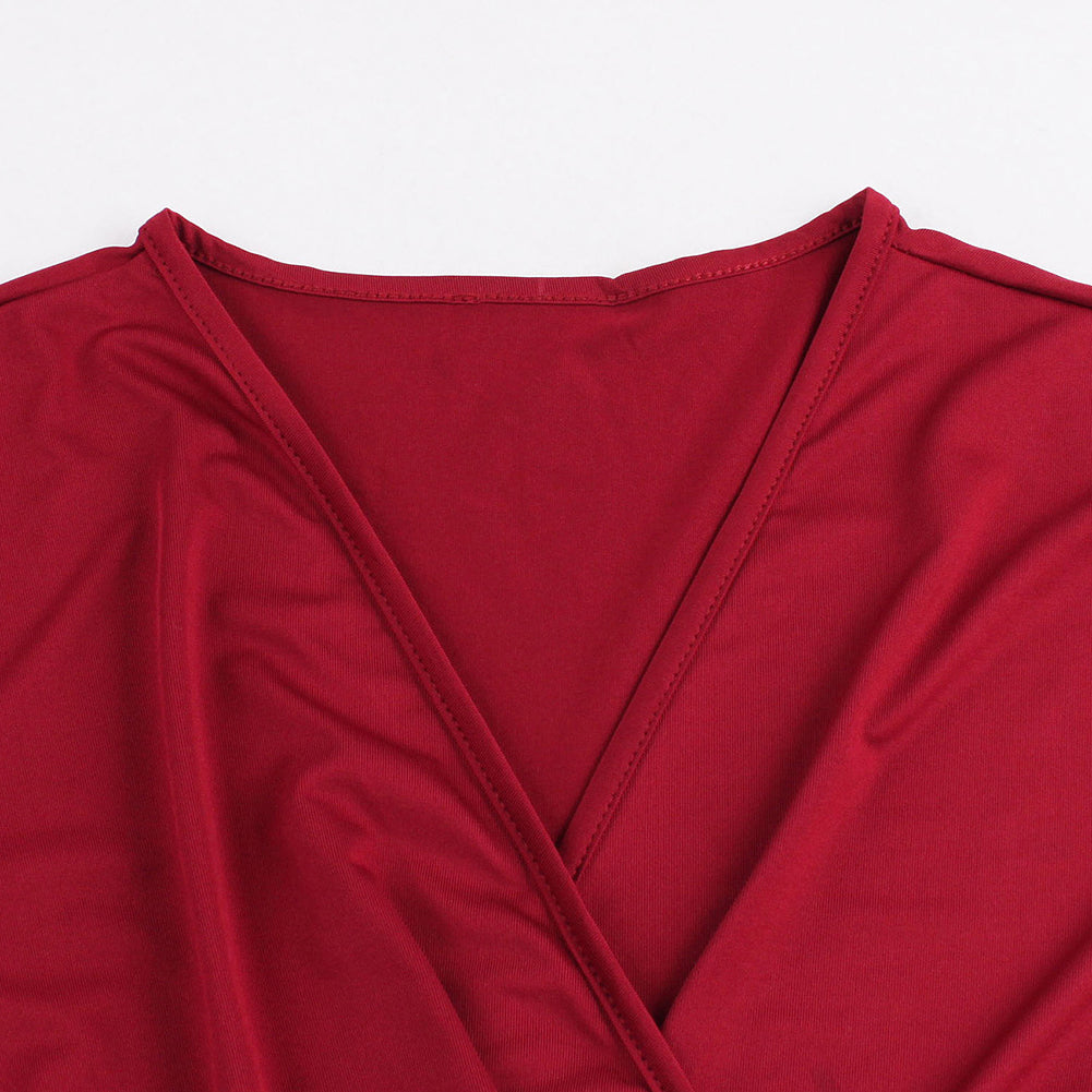 Fashion Women V-Neck Casual Ruched Waist Evening Party Cocktail Swing Dress