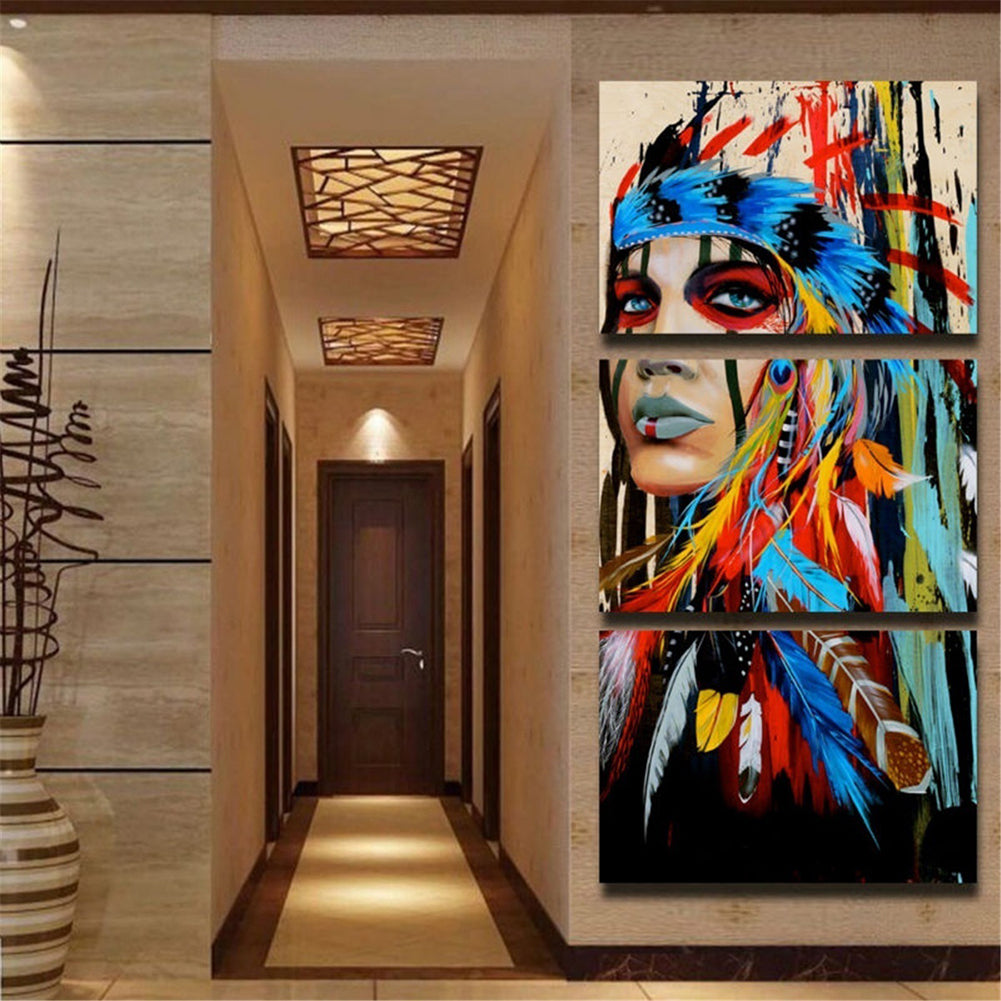 Unframed 3 Panel The American Indian Feather Painting Canvas Picture Wall Decor