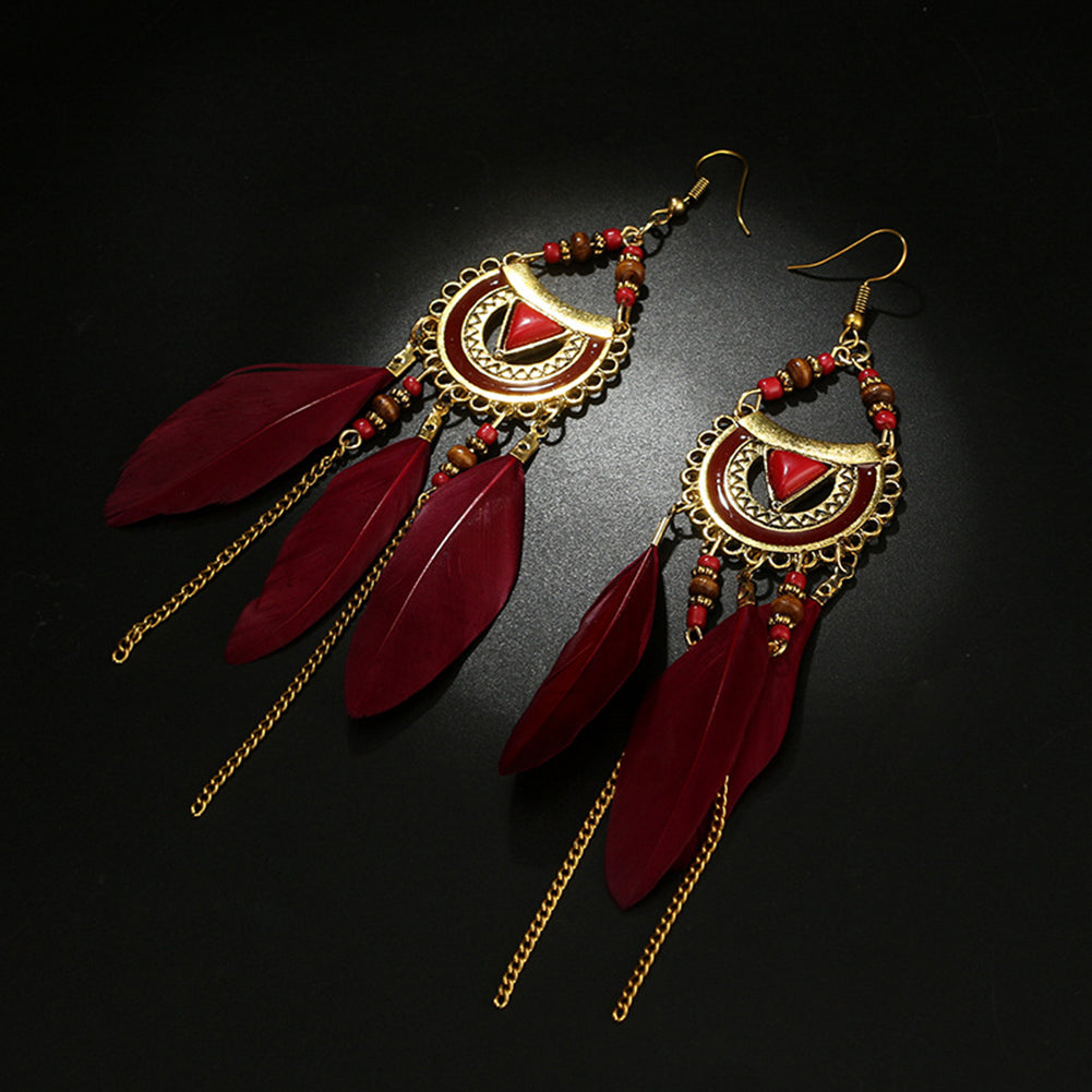 Women Retro Ethnic Hollow Feather Tassel Hook Earring Chain Bead Jewelry Gift