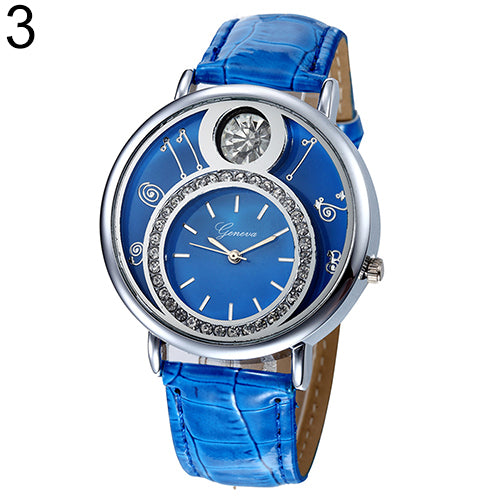 Women's Luxury Rhinestone Round Dial Faux Leather Strap Quartz Wrist Watch