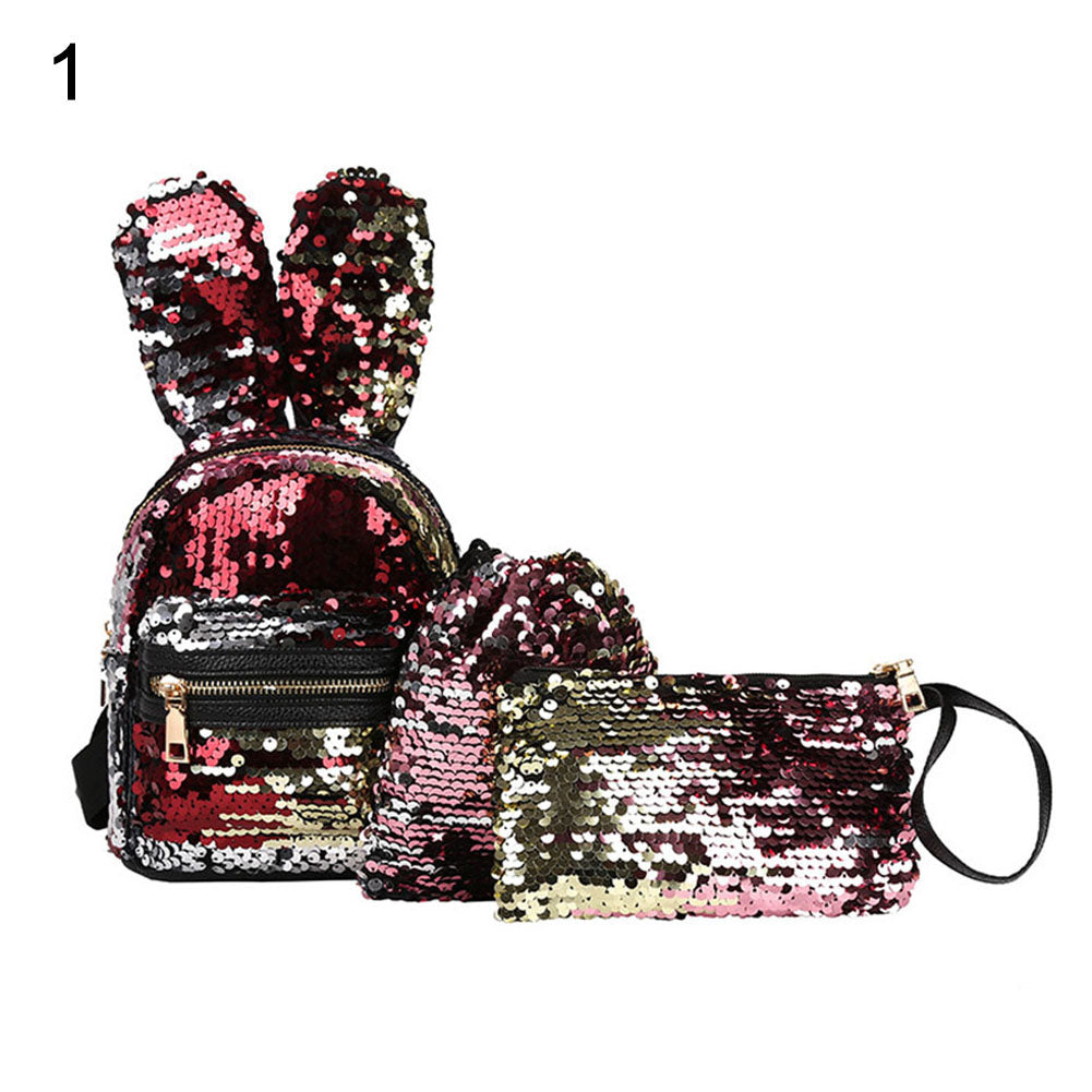 3Pcs Women Sequin Rabbit Ear Fashion Handbag Shoulder Crossbody Bag Pouch