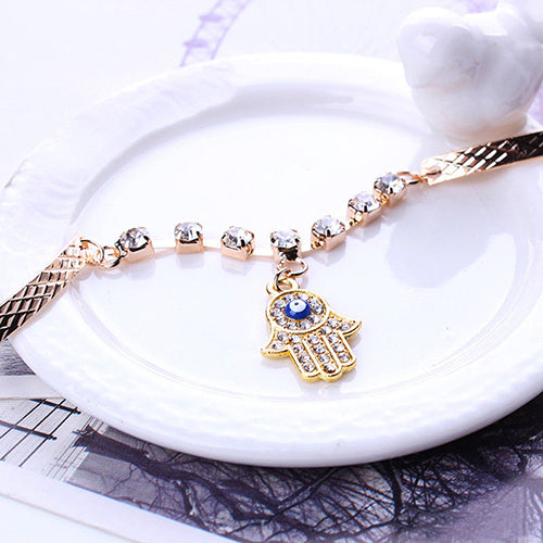 Women Hamsa Fatima Hand Pendant Good Luck Shiny Rhinestone Bracelet Jewelry