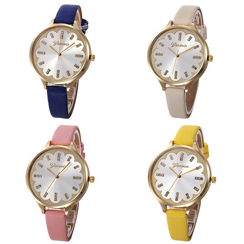 Hot Women Flower Dial Rhinestone Geneva Wristwatch Slim Faux Leather Band Watch