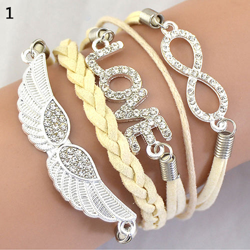 Women's Vintage Infinity Braid Bracelet Love Angel Wing Style Rhinestone Bangle