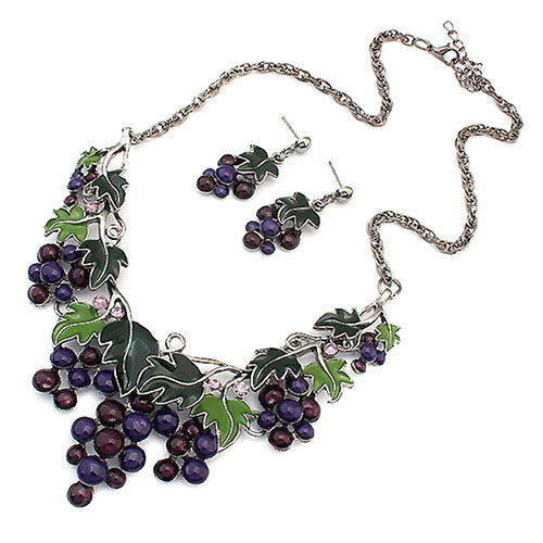 Women's Fashion Grape Leaves Pendant Choker Chain Necklace Earrings Jewelry Set