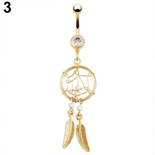 Gold-tone Dream Catcher Feather Rhinestone Beads Belly Button Navel Ring Barbell