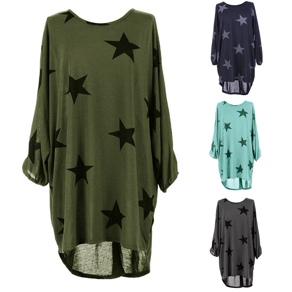 Stars Print Long Sleeve Round Neck Women Spring Loose Long T-shirt Top Dress