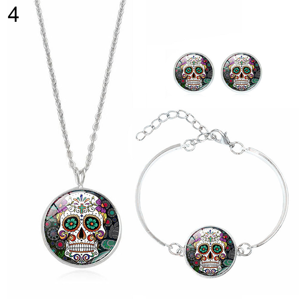 Fashion Women Skull Rose Earrings Necklace Bracelet Halloween Accessories Set