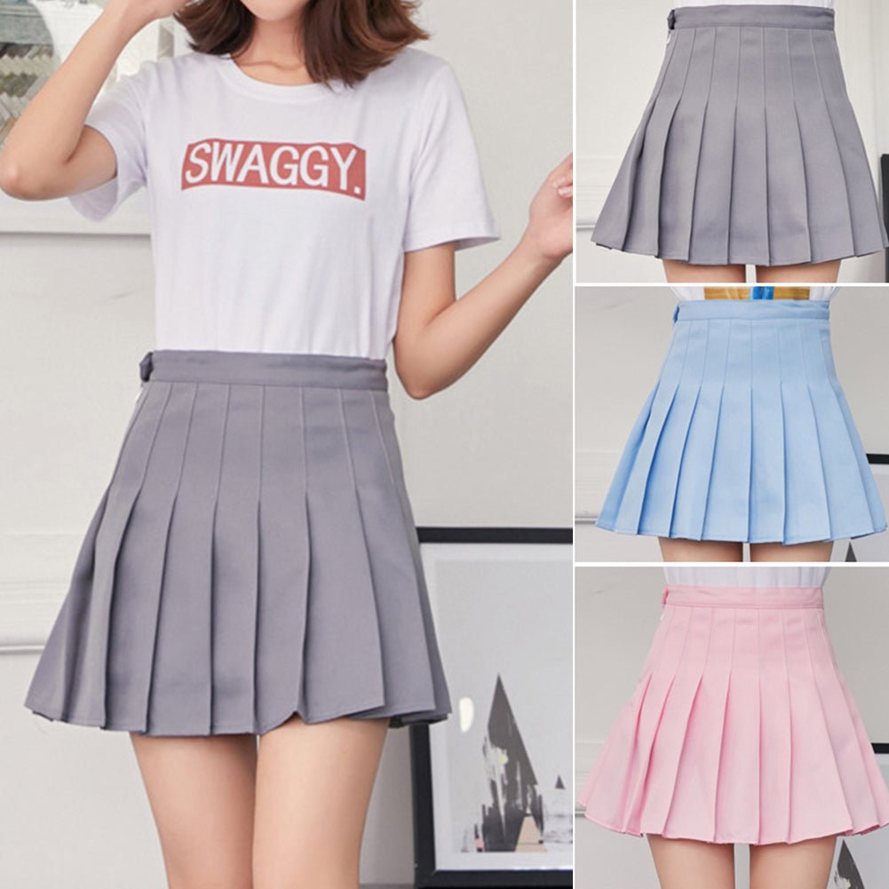 Fashion Women Mini Pleated Solid Color High Waist Tennis Skater Short Skirt Gift