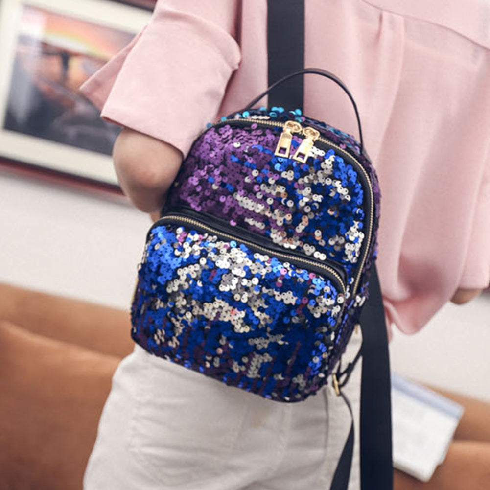 Bling Sequins Travel School Backpack Fashion Women Faux Leather Shoulder Bag
