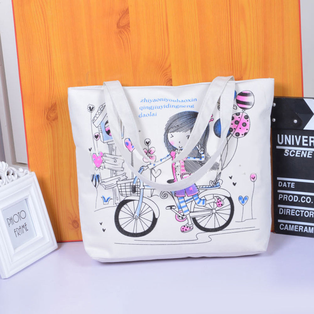 Casual Cartoon Printed Women Canvas Shopping Travel Shoulder Bag Tote Handbag