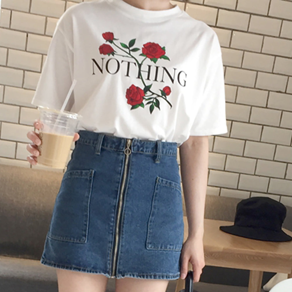 Nothing Letter Print Rose Flower Short Sleeve T-shirt Summer Women's Tee Top