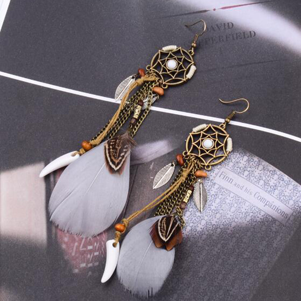 Retro Hollowed Star Feather Leaves Tassels Hook Earrings Women Ear Charm Decor