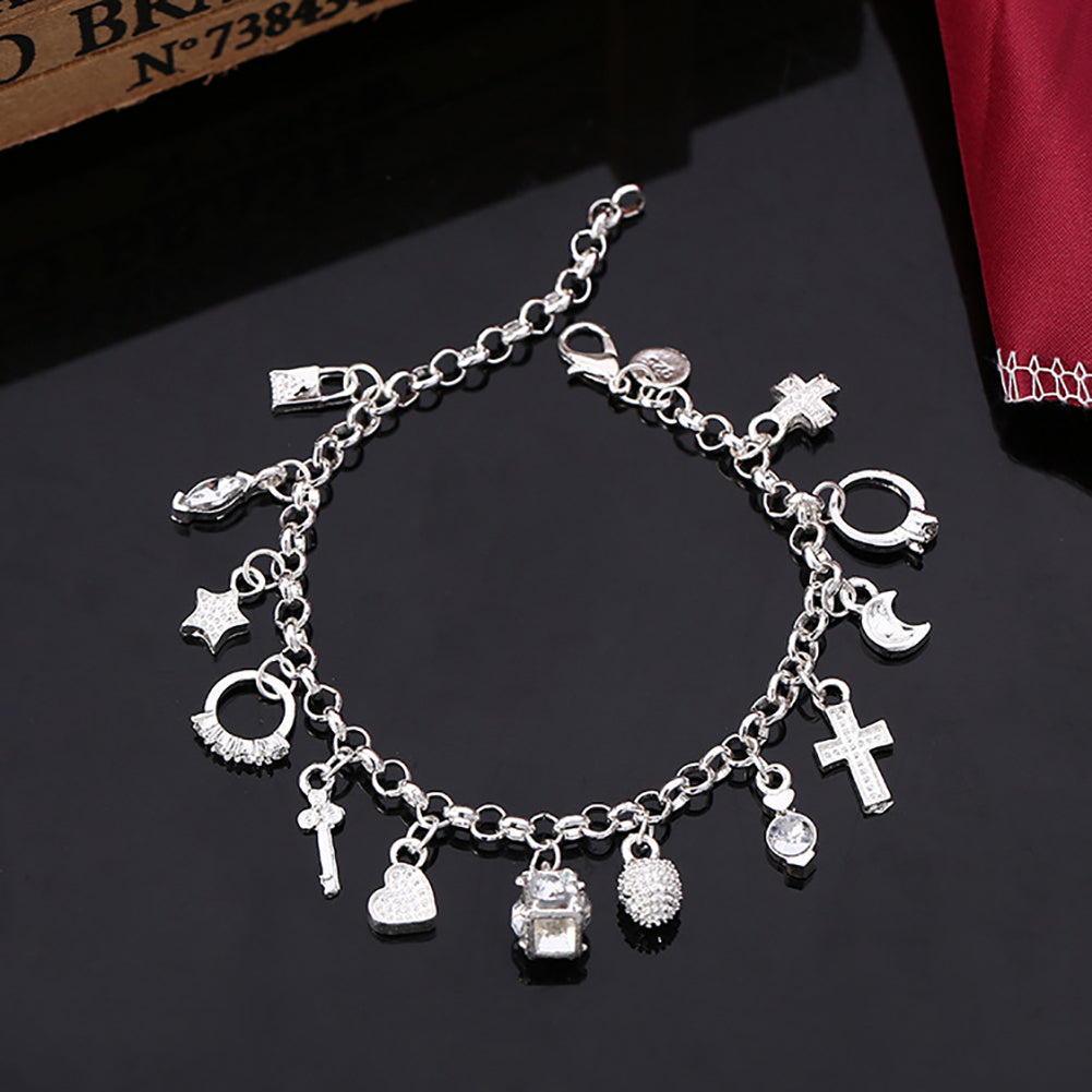 Women Silver Plated Cross Moon Star 13 Charms Pendants Bracelet Bangle Jewelry