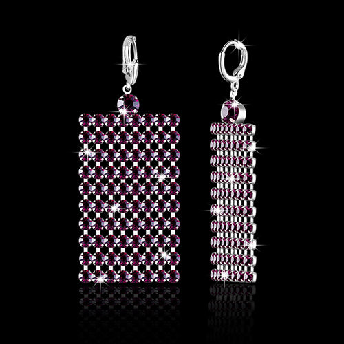 Silver Plated Long Rhinestone Tassels Rectangle Mesh Dangle Women Retro Earrings