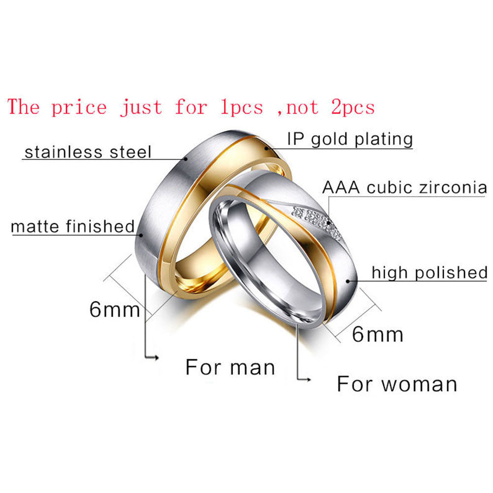 Fashion Gold Plated Titanium Steel Lover Ring Wedding Band Bridal Jewelry Gift