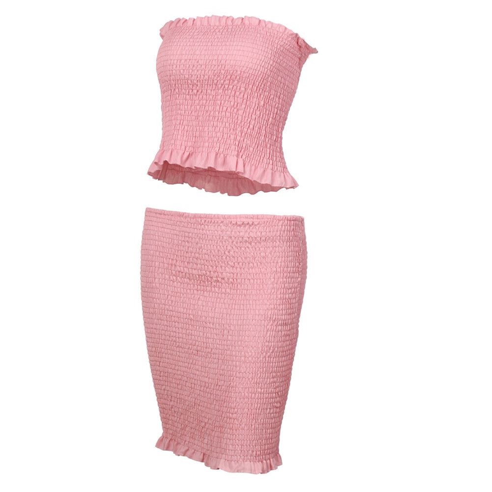 Summer Sexy Ruffled Strapless Crop Top Bodycon Women Mini Skirt Two-piece Set