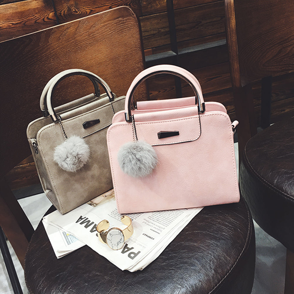 Fashion Women Plush Ball Faux Leather Shoulder Bag Tote Purse Crossbody  Handbag