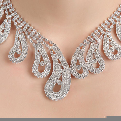 Women Luxury Elegant Rhinestone Teardrop Necklace + Earrings Bridal Jewelry Set