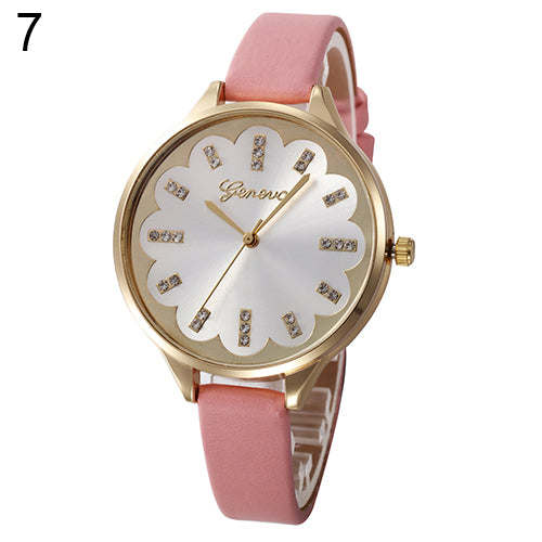 Hot Women Flower Dial Rhinestone Geneva Wristwatch Slim Faux Leather Band Watch
